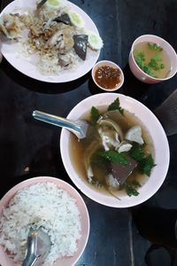 High angle view of soup in bowl on table