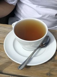 High angle view of tea cup on table