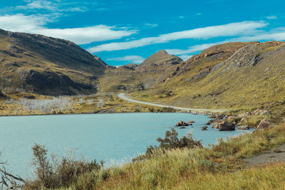 Scenic view of lake and mountains against sky