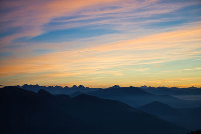 Scenic view of mountains against sky during sunset