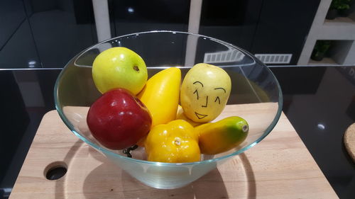 High angle view of fruits in bowl on table