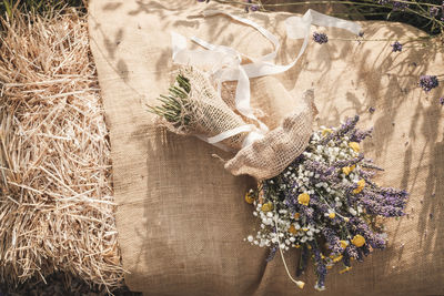 High angle view of flowering plants on table. lavender