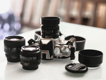 Close-up of binoculars on table