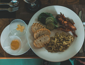 High angle view of breakfast served on table