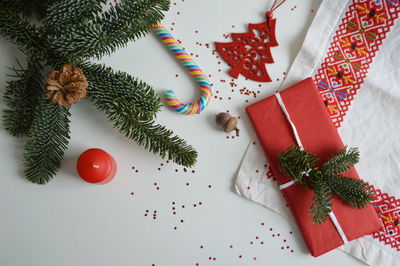 High angle view of christmas decorations on table