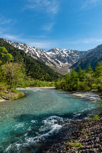 Scenic view of lake by mountains against blue sky