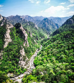 High angle view of valley and mountains against sky