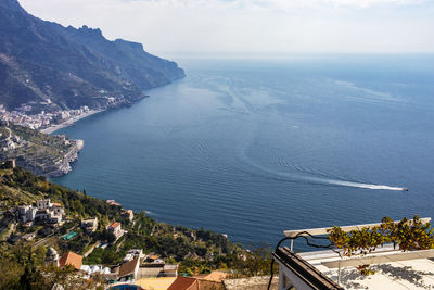 High angle view of townscape by sea against sky