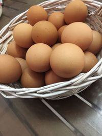 High angle view of eggs in basket