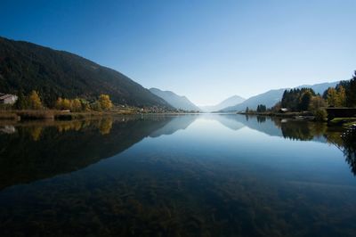 Scenic view of lake and mountains against clear blue sky