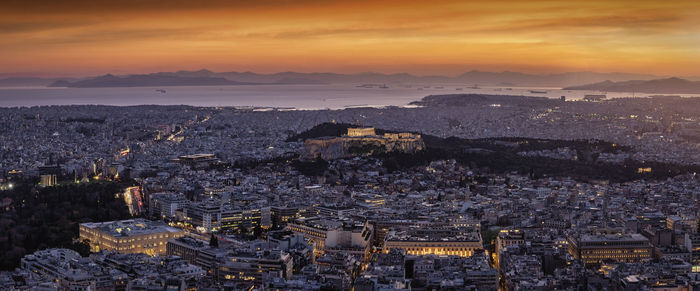 High angle view of cityscape at sunset