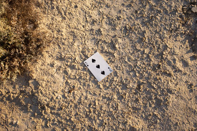 High angle view of three of spades on sand