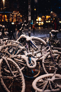 Bicycles parked on street in city