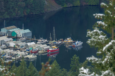 High angle view of boats moored in lake