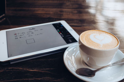 High angle view of coffee cup on table