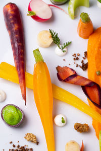 High angle view of chopped vegetables on table