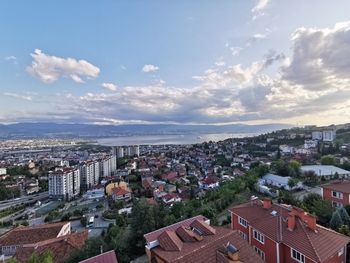 High angle view of townscape against sky