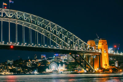 Illuminated bridge over river at night