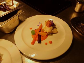 High angle view of dessert in plate on table
