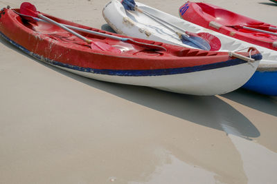 High angle view of boats moored on beach