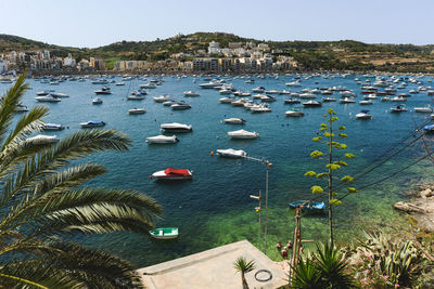 High angle view of boats moored in sea