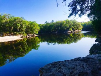 Reflection of trees in lake against clear sky