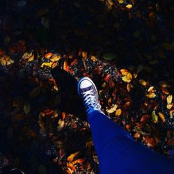 Low section of man standing by autumn leaves