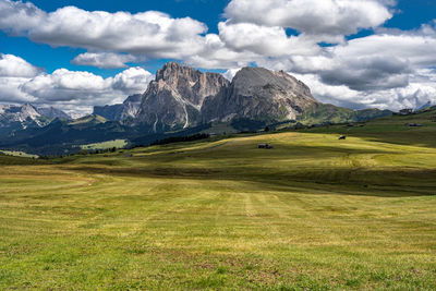 Scenic view of field and mountains against sky