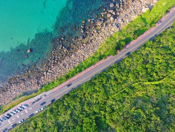 High angle view of road by sea