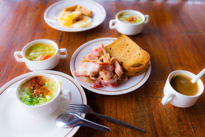 High angle view of meal served on table