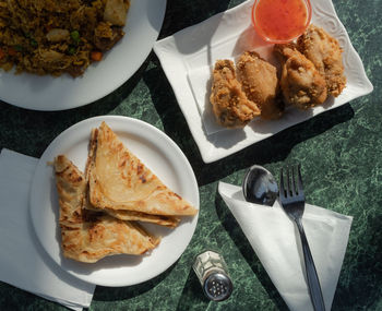 High angle view of food in plate on table