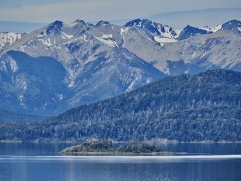 Scenic view of lake and snowcapped mountains against sky