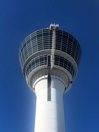 Low angle view of water tower against blue sky