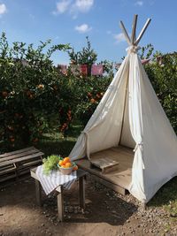 High angle view of tent with food on table outdoors