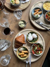 High angle view of meal served on table