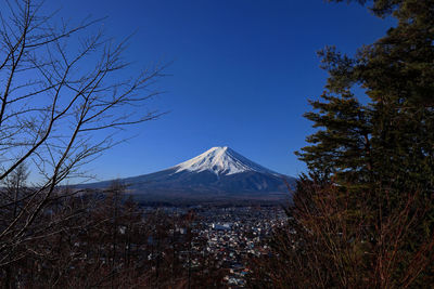 Scenic view of snowcapped mountains against clear blue sky