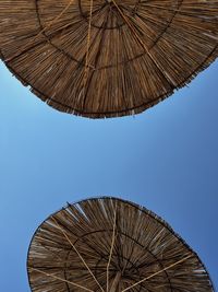 Low angle view of thatched roof against clear sky