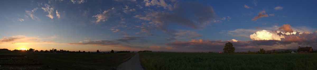 Panoramic view of field against sky during sunset