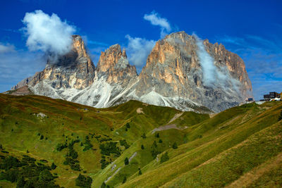 Panoramic view of landscape and mountains against blue sky