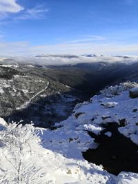 Aerial view of snow covered landscape against sky