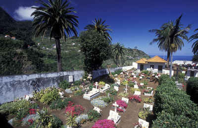 High angle view of cemetery against mountains