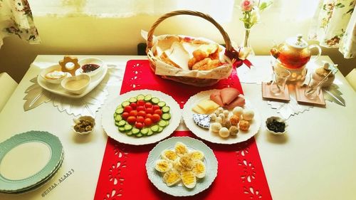 High angle view of breakfast served on table