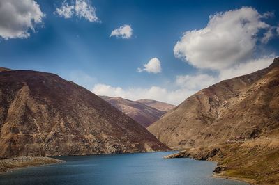 Scenic view of lake amidst mountains against sky