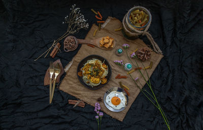 High angle view of meal served on table