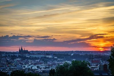 High angle view of townscape against sky during sunset