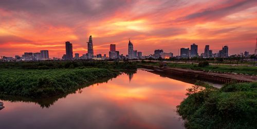 Panoramic view of city and buildings against sky during sunset