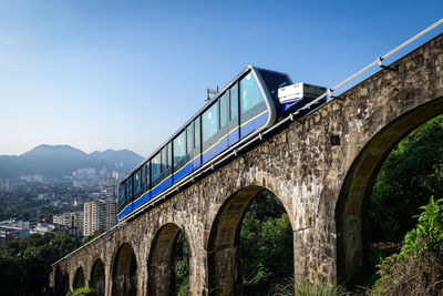 Low angle view of tram on arch bridge against clear sky