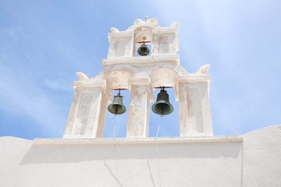 Low angle view of bells hanging at church against sky