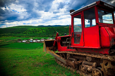 Train on railroad track against sky