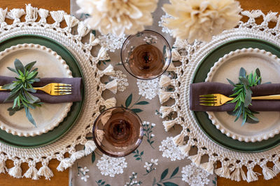 High angle view of christmas decorations on table